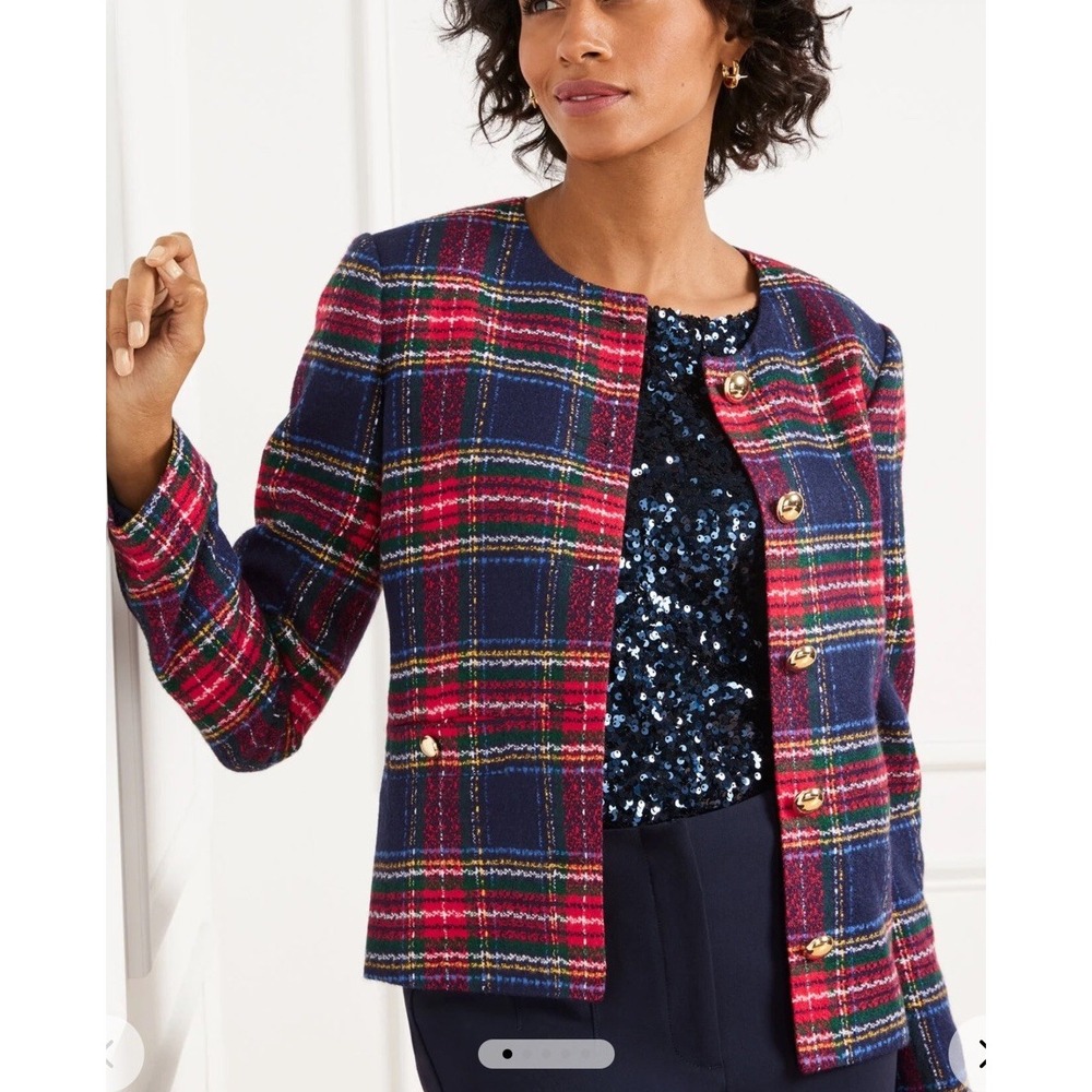 Talbots Plus Tweed Jacket Holiday Glee Plaid Women's Size 20W Red Blue Green NEW